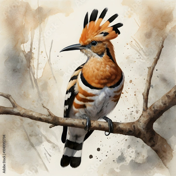 Fototapeta Create a realistic watercolor painting of a hoopoe bird perched on a branch, with its distinctive orange and black plumage, long beak, and fan-shaped crest clearly defined. The bird should be detailed