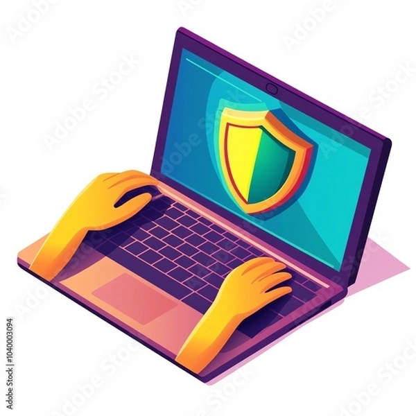Fototapeta A colorful illustration of hands typing on a laptop, featuring a shield graphic on the screen, symbolizing online security and protection.