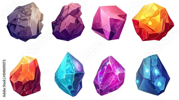 Fototapeta Set of stones, gems, minerals, shiny crystals cartoon game assets, colorful, transparent background