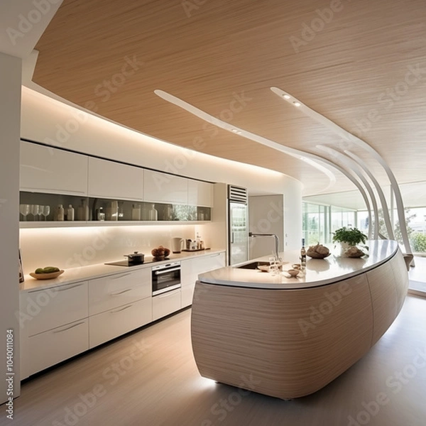 Fototapeta A bright, airy kitchen with curved ceiling with natural wooden surfaces, white cabinets, minimalist shelving, houseplants on the countertops, and large windows bringing in soft daylight.