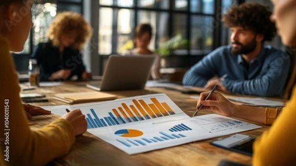 Fototapeta Team Strategy Session, evaluating key performance indicators and insights from the recent marketing initiative for future improvements