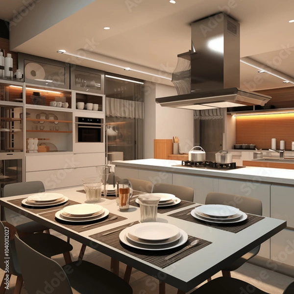 Fototapeta A sleek, open-concept,with fancy curved ceiling, kitchen with matte black cabinets, white marble countertops, and built-in appliances, accentuated with warm LED strip lighting and wooden bar stools.