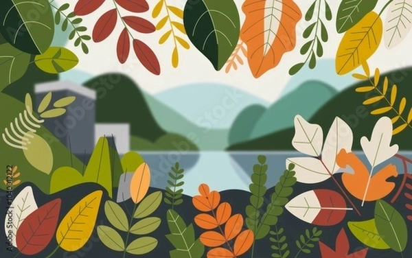 Fototapeta Autumn leaves frame landscape. A colorful frame of autumn leaves surrounding a scenic landscape with hills and a lake, representing change, beauty, and nature's cycle.