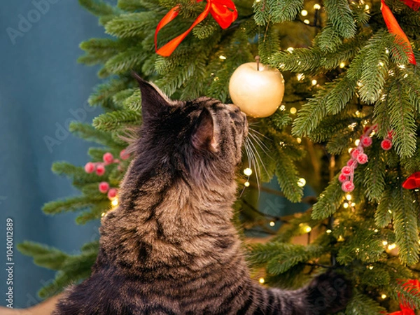 Obraz Maine coon cat playing with christmas tree decorations