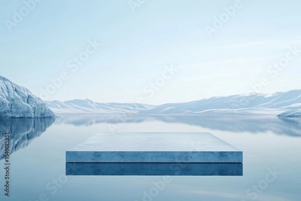 Fototapeta Concrete Platform Floating on a Calm Glacial Lake with Snowy Mountains in the Background