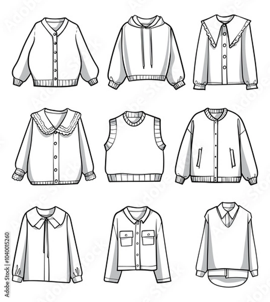 Fototapeta Black and white vector illustration of diverse sweater styles in clean line art