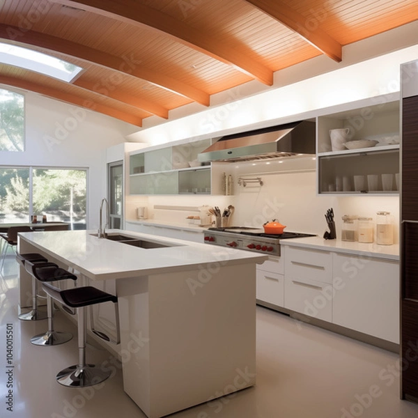 Fototapeta A sleek, open-concept,with fancy curved ceiling, kitchen with matte black cabinets, white marble countertops, and built-in appliances, accentuated with warm LED strip lighting and wooden bar stools.