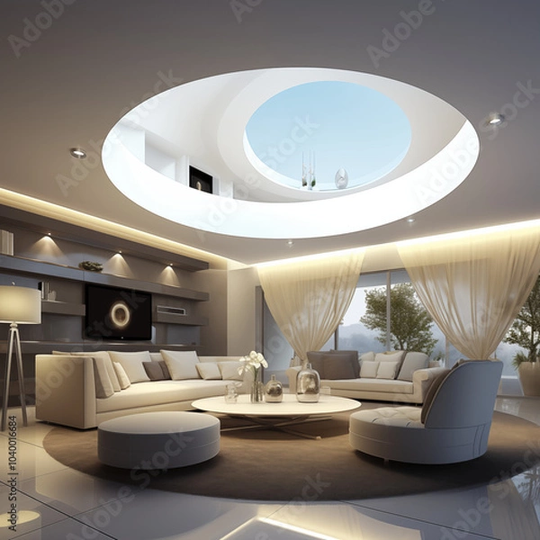 Fototapeta A chic living space with a fancy  curved concrete ceiling, leather sofas, black metal accents, a large abstract rug, and a statement chandelier hanging in the center.