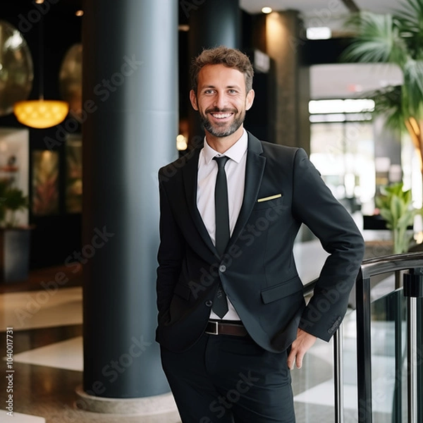 Fototapeta A handsome businessman in a tailored navy-blue suit, posing confidently with arms crossed, soft lighting illuminating his face, standing against a neutral studio background.