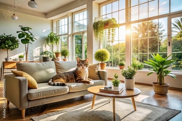 Fototapeta Happy Cat in Cozy Living Room Surrounded by Modern Architecture and Natural Light