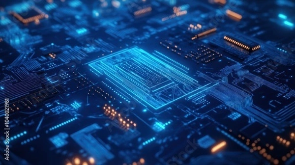 Fototapeta Blue digital technology background with mechanical elements and circuit board