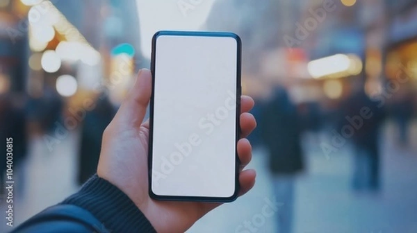 Fototapeta Closeup male hands using smartphone at blurred business centre background. Blank screen mobile phone for graphic display montage.
