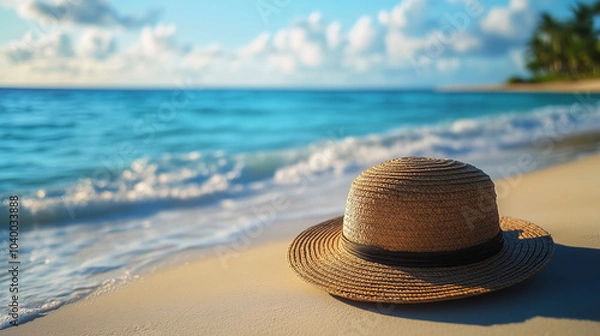 Fototapeta Hat on the exotic, sandy beach near the transparent blue water of ocean. Travel, tourism, holidays concept.
