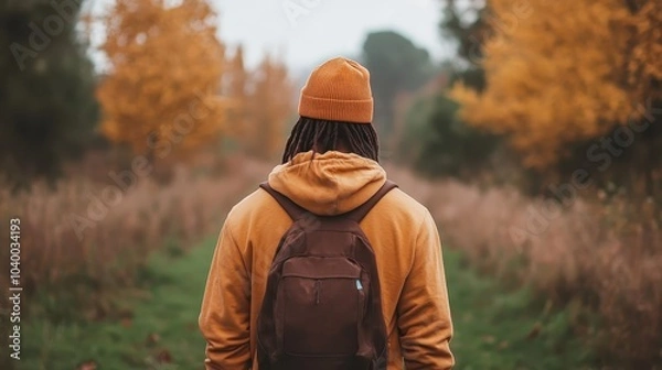 Fototapeta Dressed warmly, a person with a backpack walks through a serene autumn forest, surrounded by vibrant fall foliage, enjoying the peaceful, natural scenery.