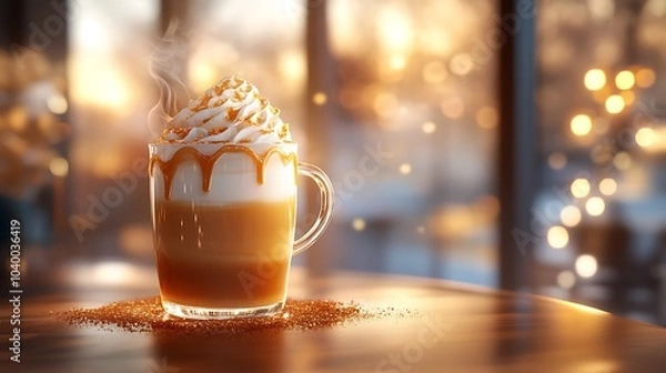 Fototapeta A creamy vanilla latte with a swirl of caramel on top, steam rising from the cup, soft natural light creating a warm and inviting scene, the rich scent of vanilla and caramel wafting through the air.