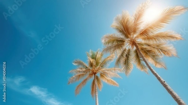 Fototapeta Two sunlit palm trees gracefully sway under a vibrant blue sky, symbolizing relaxation, warmth, and the allure of tropical travel destinations in summer.