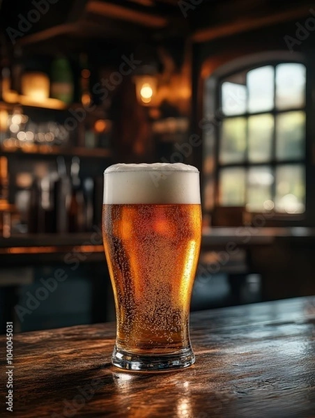 Fototapeta frosty pint of golden beer sits on a pub table, with foam spilling slightly over the rim, capturing the refreshing appeal of a freshly poured drink.
