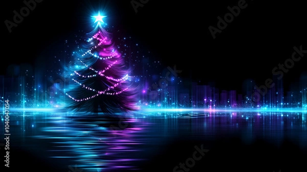 Fototapeta Illuminated Christmas tree with colorful lights reflecting on water against a black background copy space