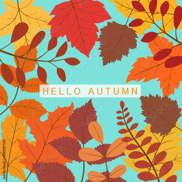 Fototapeta Hello autumn background, with abstract autumn leaves, templates for placards, banners, flyers, presentations, reports, sales, header, cover, social media, fashion ads, decor.