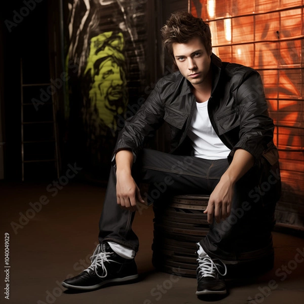 Fototapeta A sharp-featured male model in a tailored black suit, holding a sleek perfume bottle, illuminated by moody lighting with a foggy backdrop, exuding elegance and confidence.