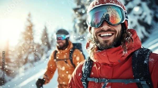 Fototapeta Two skiers in vibrant outfits revel in a sunny, snowy mountain landscape, reflecting their excitement and joy as they embark on a thrilling winter adventure.