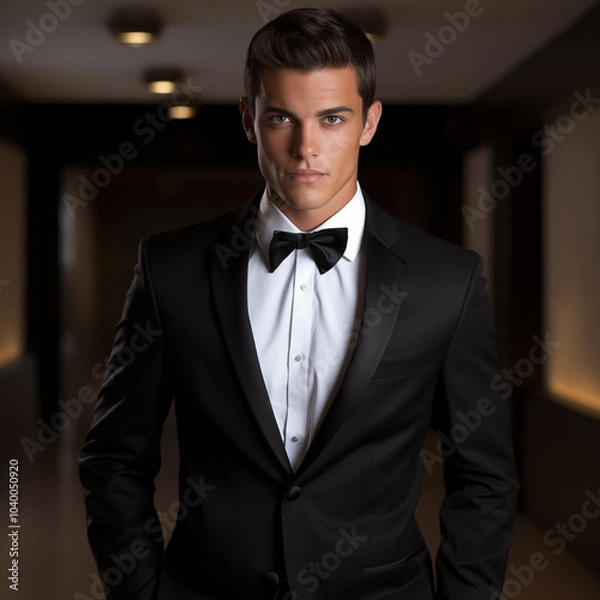 Fototapeta A sharp-featured male model in a tailored black suit, holding a sleek perfume bottle, illuminated by moody lighting with a foggy backdrop, exuding elegance and confidence.
