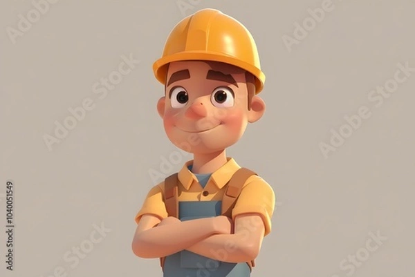 Obraz Cheerful Cartoon Construction Worker Character with Hard Hat