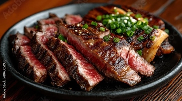 Fototapeta A succulent, juicy sliced steak served on a black plate, garnished with vibrant green onions, offering a tantalizing glimpse into gourmet cuisine and fine dining.