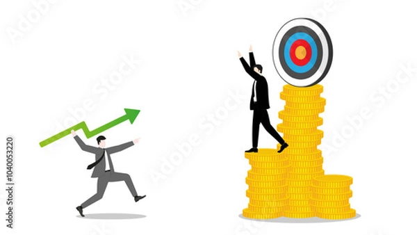 Fototapeta Businessman throws a green arrow javelin at a target, defended by richer competitor on coins stack, the rival challenge of leader in business goal. Market competition success in the corporate world