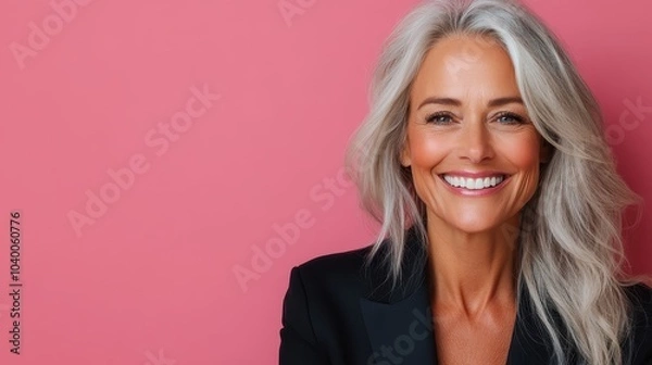 Fototapeta A sophisticated woman with silver hair and a warm smile is captured standing against a pink backdrop, embodying timeless elegance and charm in her black attire.
