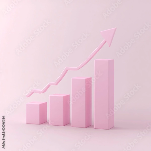 Fototapeta A pink pink arrow pointing upwards with bar charts below it. Concept of growth and progress, as the arrow represents upward movement