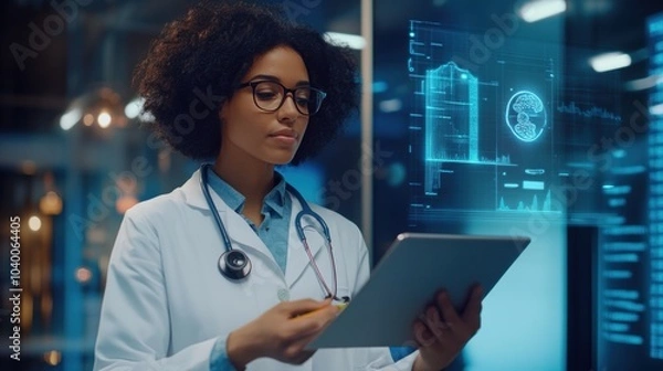 Fototapeta A doctor in a lab coat using a tablet to analyze digital medical data displayed on futuristic screens, highlighting the integration of advanced healthcare technology in modern diagnostics.
