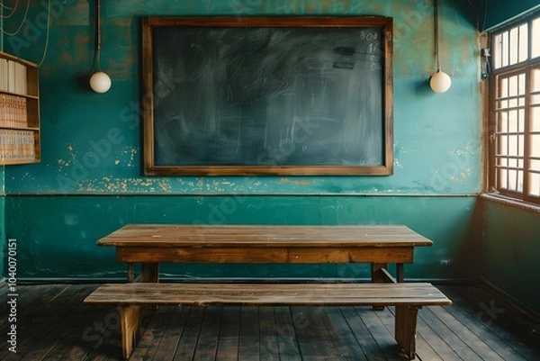 Fototapeta Rustic Classroom Setting with a Chalkboard and Wooden Table