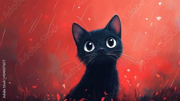 Fototapeta A cartoon-style black cat stands in the rain against a vibrant red backdrop, capturing a whimsical and playful scene.