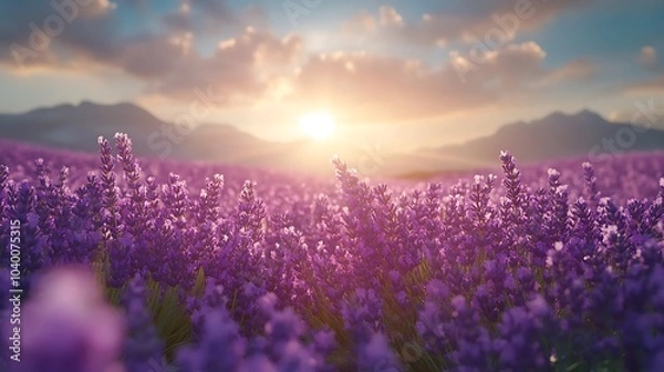 Fototapeta Lavender flowers in full bloom, with soft vanilla and chamomile undertones, a gentle breeze flowing through the field, warm sunlight creating a dreamy and relaxing scene,