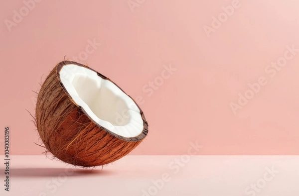 Fototapeta A half coconut on the left in the image, a place for text on the right, a smooth pink background, shooting in the studio.
