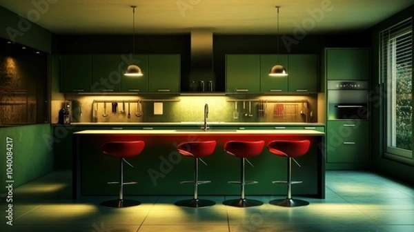 Fototapeta Minimalist green kitchen with red bar stools around an island and simple lighting for a modern aesthetic.