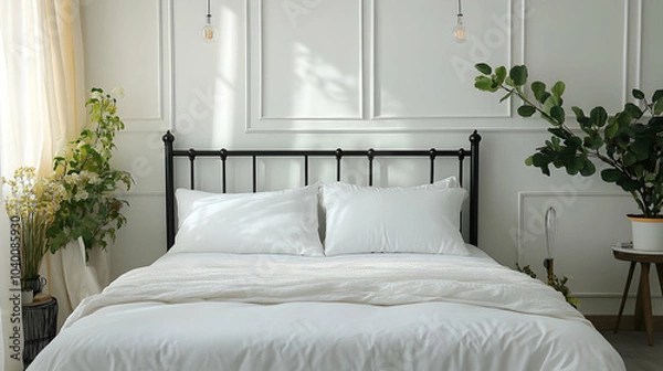 Fototapeta Minimalist Black Metal Bed Frame with White Bedding in Modern Bedroom Setting