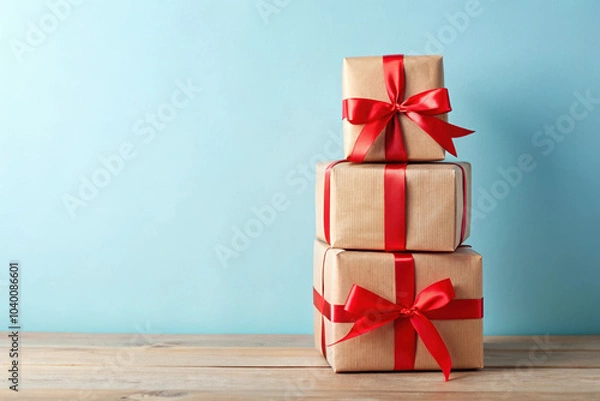 Fototapeta Stacked brown paper gift boxes with red ribbons on wooden surface against blue background