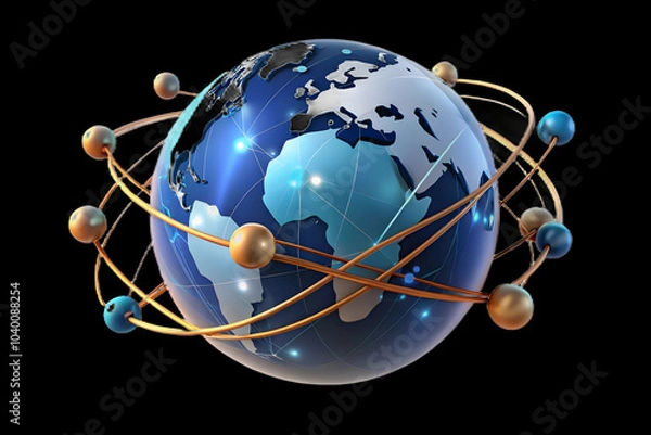 Fototapeta Glowing Earth Surrounded by Data Streams Over Bokeh Background - Digital Art Image Illustrating Interconnected Global Data Network with Copy Space for Photo Stock Concept