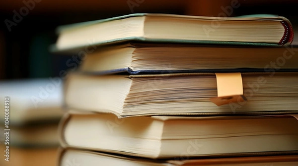 Fototapeta A Stack of Thick Textbooks with Colorful Bookmarks on a Wooden Surface