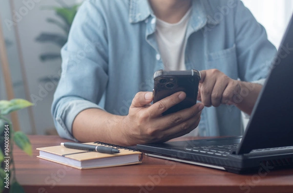 Obraz Men's hands on the table use mobile phones, technology, communications, the Internet.