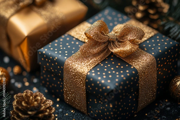 Fototapeta Mockup photo with space for text giftbox holiday present box with colorful ribbon bow, Generative AI