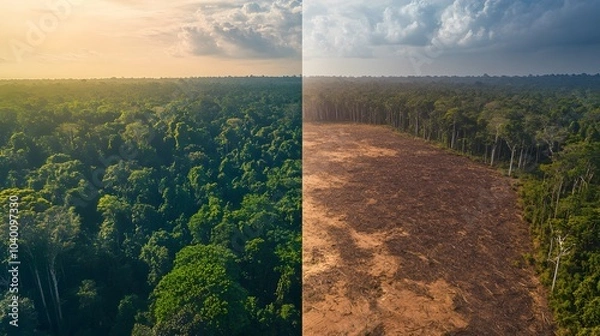 Fototapeta Aerial Contrast of Forest and Deforested Land
