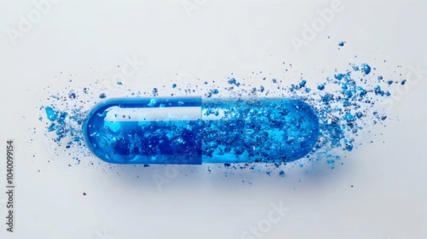 Fototapeta Blue Capsule Dissolving into Small Particles in a Scientific Context