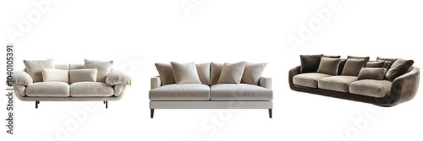 Fototapeta Set of a modern sofa with plush cushions and sleek lines isolated on transparent background (4)