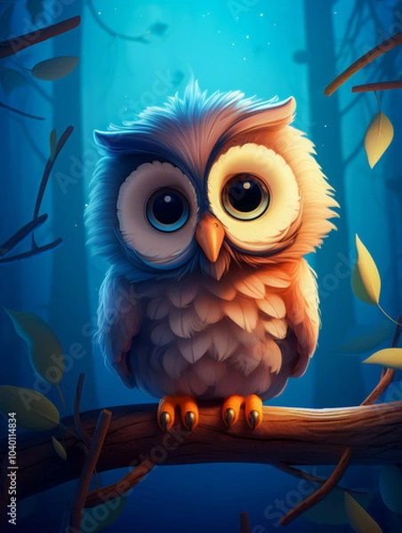 Obraz Adorable cartoon-style owl with large eyes, sitting on a branch in a softly lit forest, creating a whimsical and charming atmosphere