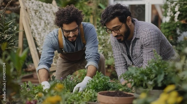 Fototapeta Biracial man and Middle Eastern man gardening together outdoors