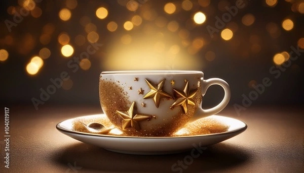 Fototapeta a cup of coffee adorned with golden stars resting on a saucer with a soft glow of light behind it