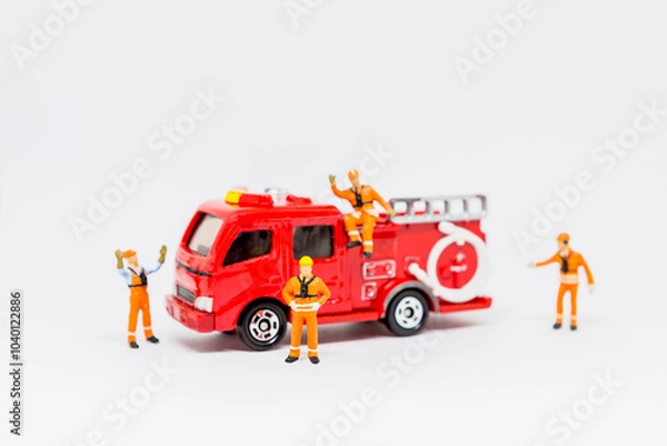 Fototapeta Firefighter team with fire truck isolate on white background, miniature man in safety suit with fire truck